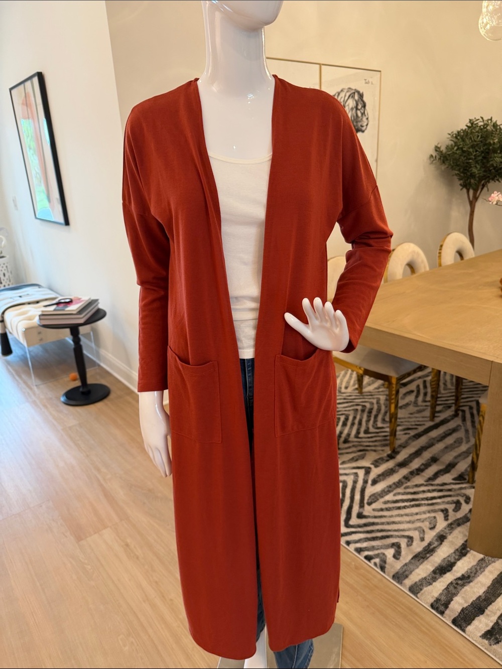 Kate & Mallory Long Open-Front Rust-Orange Cardigan